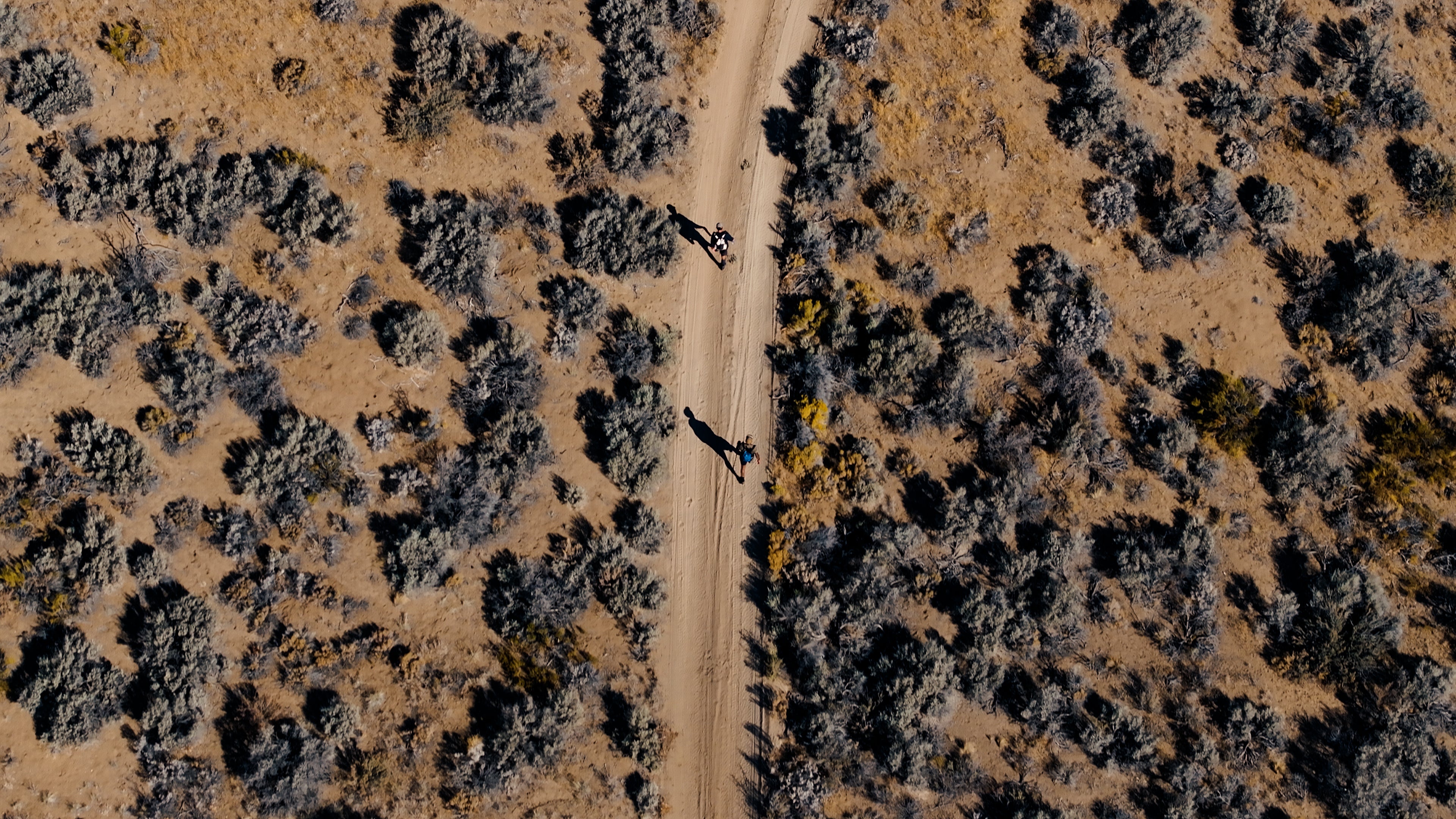 Two people walking along a dirt path through a desert landscape with sparse vegetation for the 20 Mountain 220 journey.